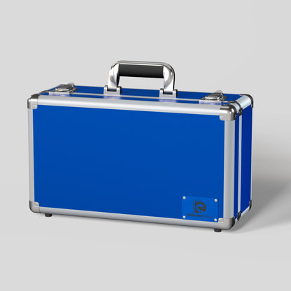 Front closed view of the Dragonscale Leviathan XL-130 compact metal slab case in leviathan blue.