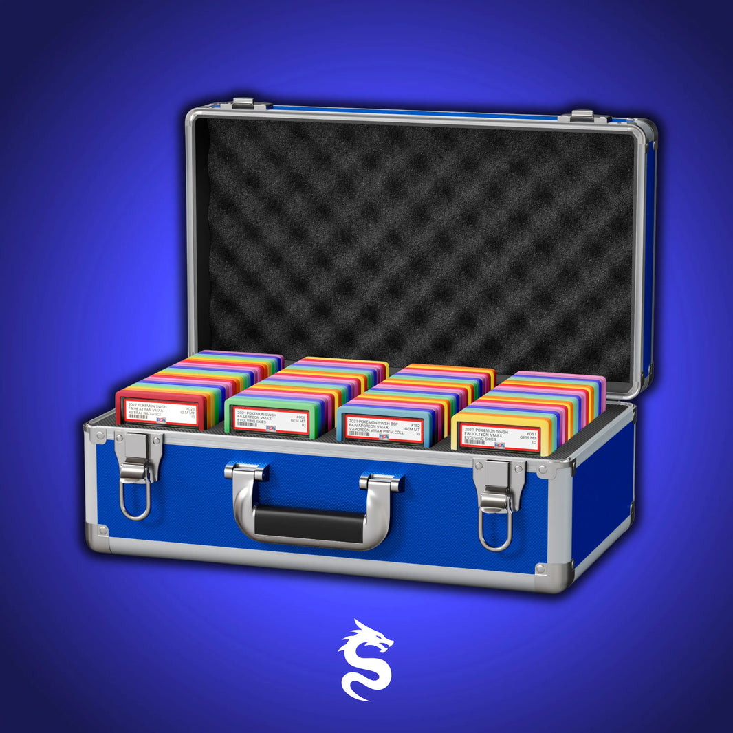 Open view of the Dragonscale Leviathan XL-130 Compact metal slab case in leviathan blue holding PSA slabs with Dragonscale guards.