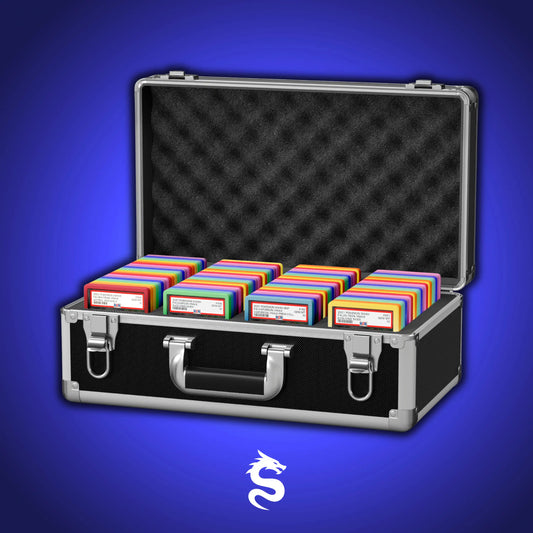 Open view of the Dragonscale Leviathan XL-130 Compact metal slab case in leviathan steel holding PSA slabs with Dragonscale guards.