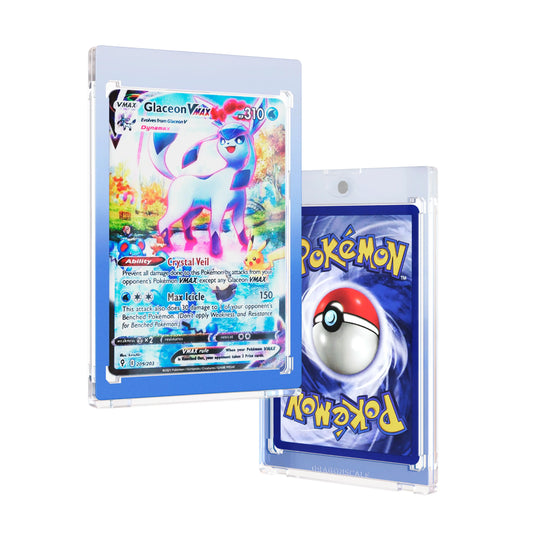 Front and back duo view of a Dragonscale 35PT Magnetic Card Holder Case Aqua, featuring a Glaceon VMAX Evolving Skies PSA 10 Pokemon card.
