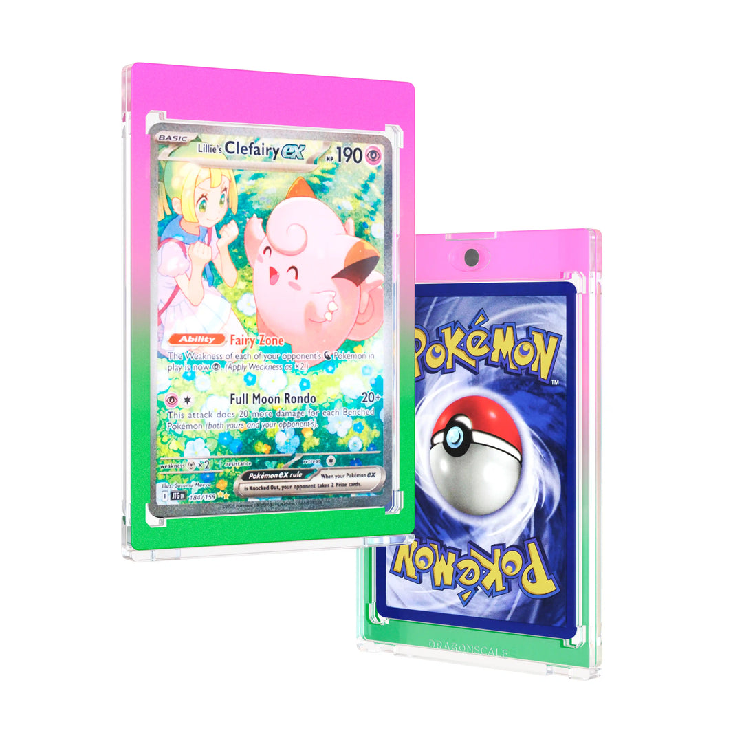 Front and back duo view of a Dragonscale 35PT Magnetic Card Holder Case Aurora, featuring a Lillie’s Clefairy EX Journey Together PSA 10 Pokemon card.