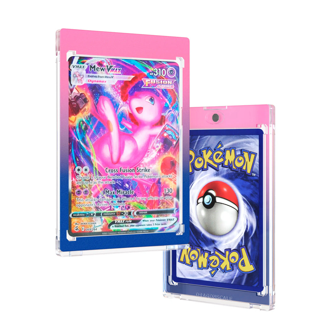 Front and back duo view of a Dragonscale 35PT Magnetic Card Holder Case Cosmic, featuring a Mew VMAX Fusion Strike PSA 10 Pokemon card.