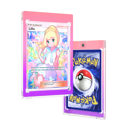 Front and back duo view of a Dragonscale 35PT Magnetic Card Holder Case Fairy, featuring a Lillie Sun & Moon PSA 10 Pokemon card.