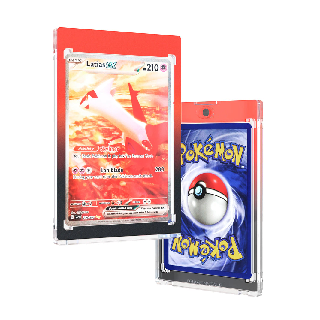 Front and back duo view of a Dragonscale 35PT Magnetic Card Holder Case Infernal, featuring a Latias EX Surging Sparks PSA 10 Pokemon card.