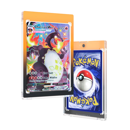 Front and back duo view of a Dragonscale 35PT Magnetic Card Holder Case Magma, featuring a Charizard VMAX Shining Fates PSA 10 Pokemon card.