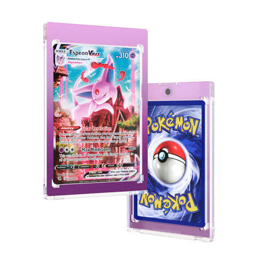 Front and back duo view of a Dragonscale 35PT Magnetic Card Holder Case Phantom, featuring a Espeon VMAX Fusion Strike PSA 10 Pokemon card.
