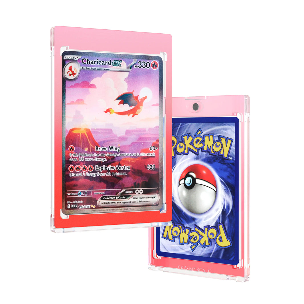 Front and back duo view of a Dragonscale 35PT Magnetic Card Holder Case Phoenix, featuring a Charizard EX Mew 151 PSA 10 Pokemon card.