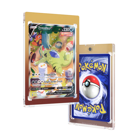 Front and back duo view of a Dragonscale 35PT Magnetic Card Holder Case Sandstorm, featuring a Tyranitar V Battle Styles PSA 10 Pokemon card.