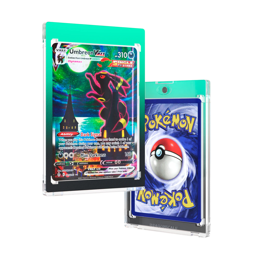 Front and back duo view of a Dragonscale 35PT Magnetic Card Holder Case Spectral, featuring a Umbreon VMAX Evolving Skies PSA 10 Pokemon card.