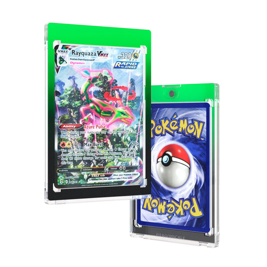 Front and back duo view of a Dragonscale 35PT Magnetic Card Holder Case Venom, featuring a Rayquaza VMAX Evolving Skies PSA 10 Pokemon card.