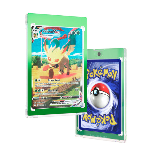 Front and back duo view of a Dragonscale 35PT Magnetic Card Holder Case Verdant, featuring a Leafeon VMAX Evolving Skies PSA 10 Pokemon card.