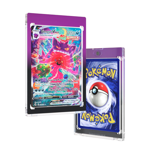 Front and back duo view of a Dragonscale 35PT Magnetic Card Holder Case Void, featuring a Gengar VMAX Fusion Strike PSA 10 Pokemon card.