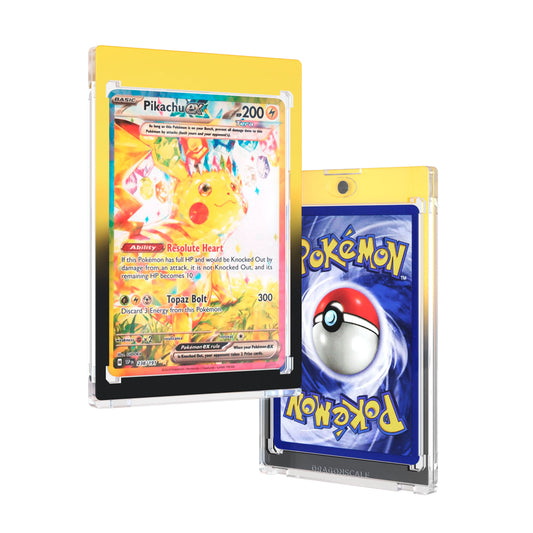 Front and back duo view of a Dragonscale 35PT Magnetic Card Holder Case Voltage, featuring a Pikachu Ex Surging Sparks PSA 10 Pokemon card.