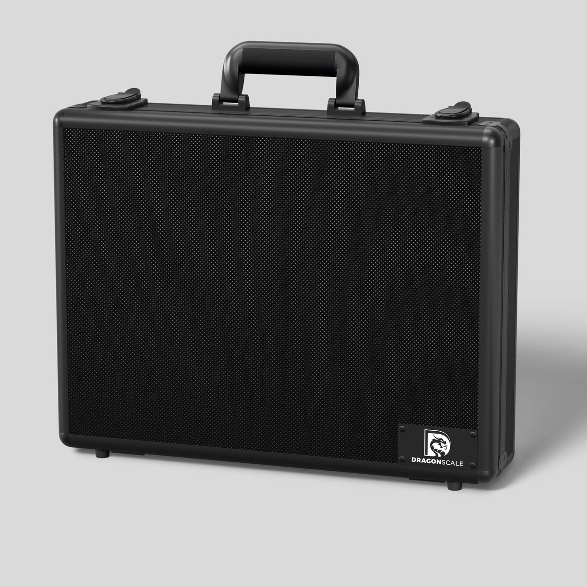 Front closed view of the  Dragonscale Orochi X-8 compact metal slab case in carbon black.