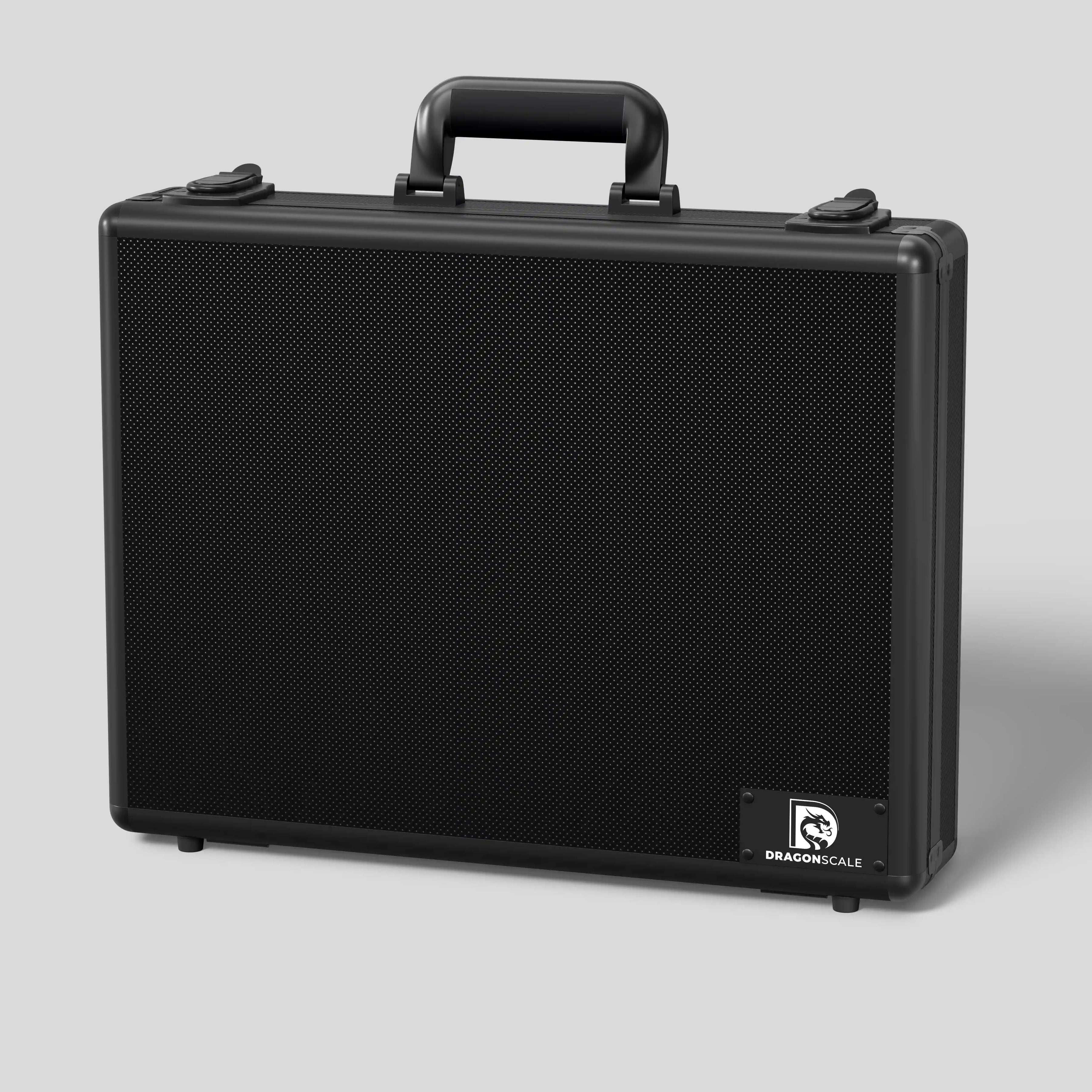 Front closed view of the  Dragonscale Orochi X-8 compact metal slab case in carbon black.