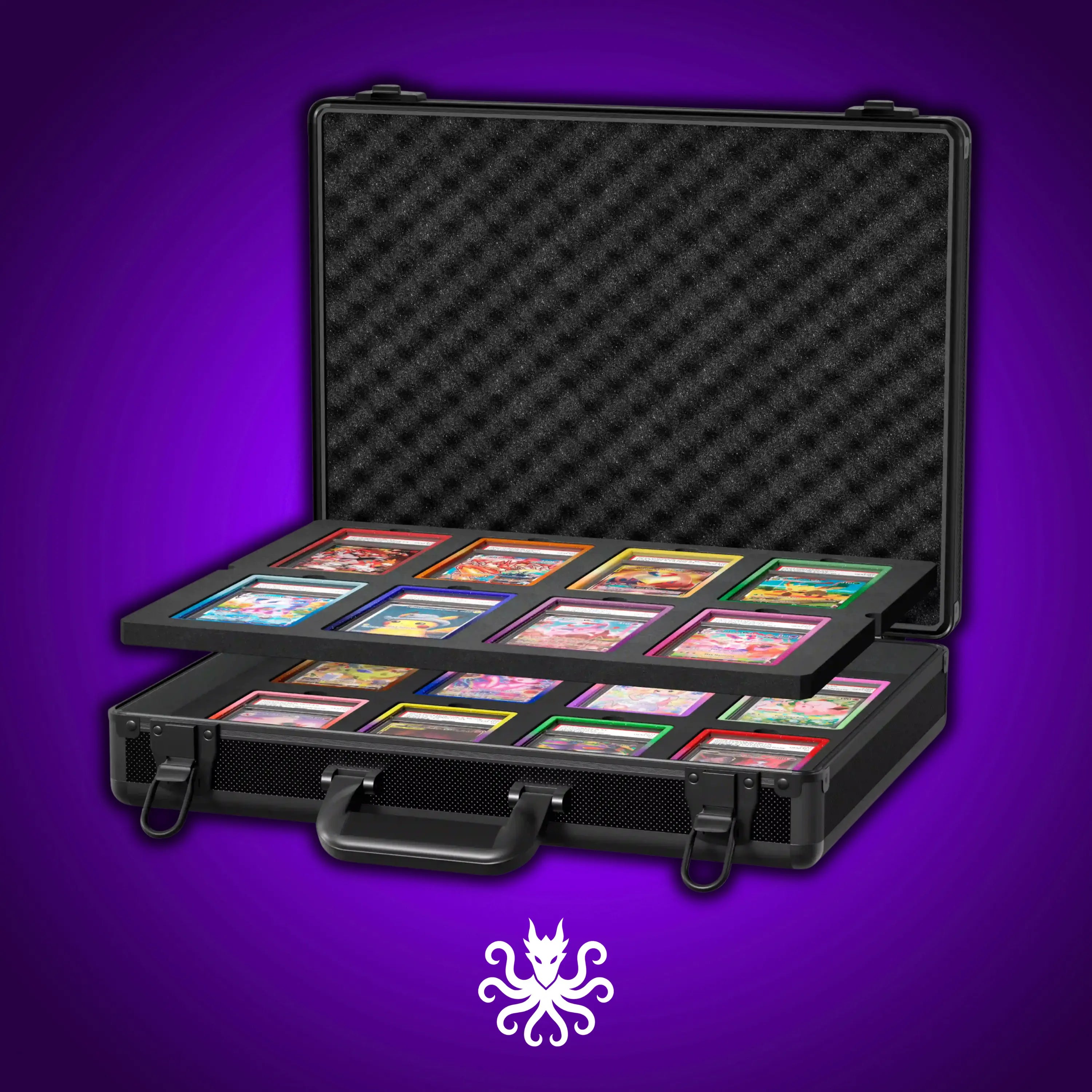 Open view of the Dragonscale Orochi X-8 metal slab case in carbon black holding 16 Slabs with Dragonscale guards.