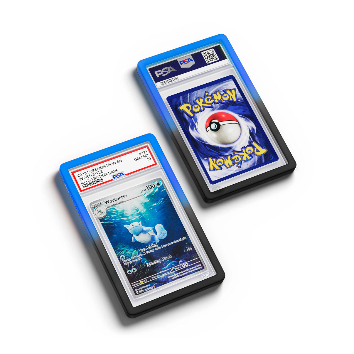 Top-down flat view of a PSA slab in Gradient Abyssal Dragonscale bumper guard, featuring a Wartortle Scarlet & Violet 151 PSA 10 Pokemon card.
