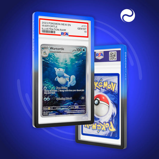 Front and back view of a PSA slab in Gradient Abyssal Dragonscale bumper guard, featuring a Wartortle Scarlet & Violet 151 PSA 10 Pokemon card.
