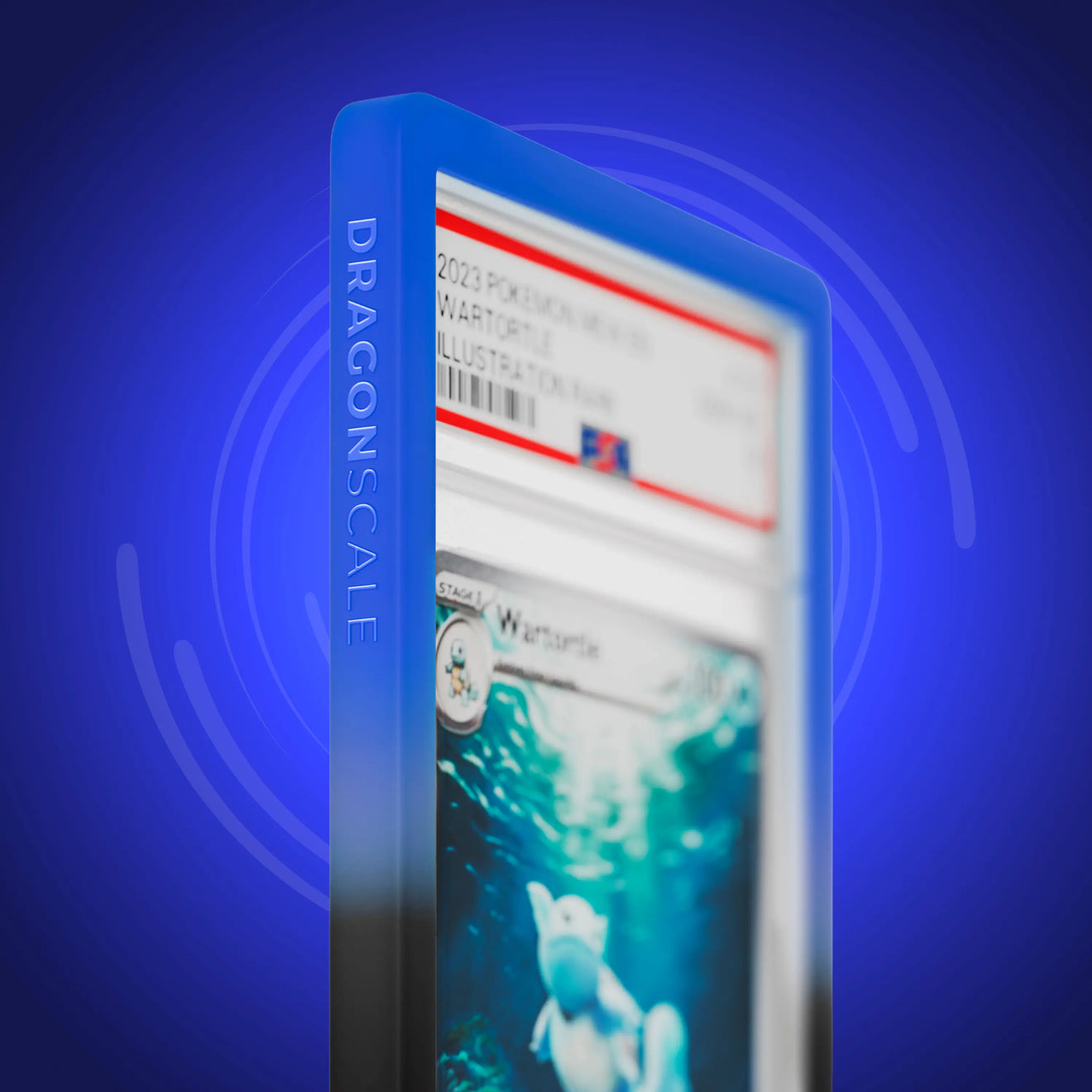 Close up logo zoom view of a PSA slab in Gradient Abyssal Dragonscale bumper guard, featuring a Wartortle Scarlet & Violet 151 PSA 10 Pokemon card.