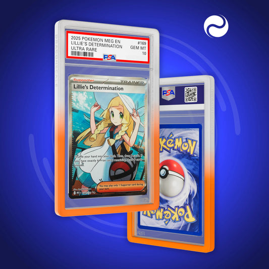Front and back view of a PSA slab in Gradient Amber Dragonscale bumper guard,featuring a Lillie’s Determination (Ultra Rare) Mega Evolution Promo PSA 10 Pokemon card.
