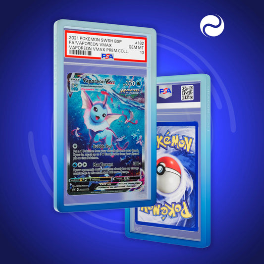 Front and back view of a PSA slab in Gradient Aqua Dragonscale bumper guard, featuring a Vaporeon VMAX Sword & Shield PSA 10 Pokemon card.