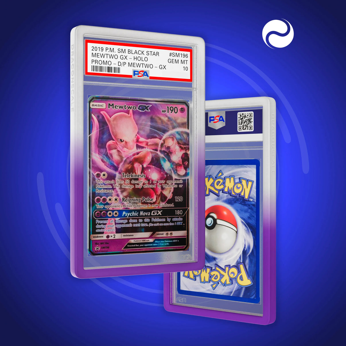 Front and back view of a PSA slab in Gradient Arcane Dragonscale bumper guard,featuring a Mewtwo GX SM PSA 10 Pokemon card.
