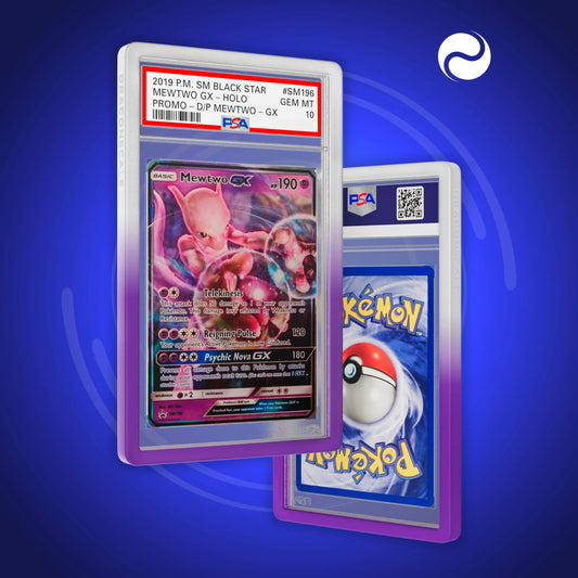 Front and back view of a PSA slab in Gradient Arcane Dragonscale bumper guard,featuring a Mewtwo GX SM PSA 10 Pokemon card.
