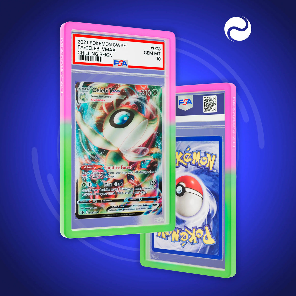 Front and back view of a PSA slab in Gradient Aurora Dragonscale bumper guard, featuring a Celebi VMAX Chilling Reign PSA 10 Pokemon card.