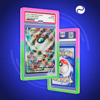 Front and back view of a PSA slab in Gradient Aurora Dragonscale bumper guard, featuring a Celebi VMAX Chilling Reign PSA 10 Pokemon card.