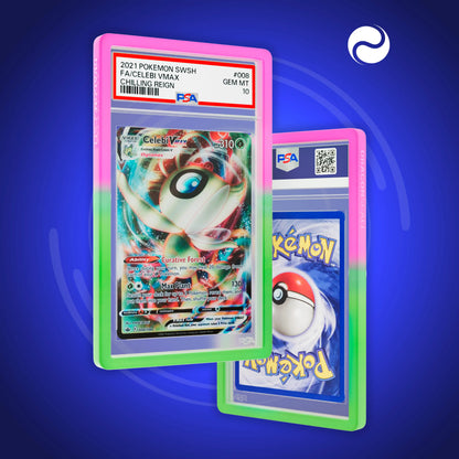 Front and back view of a PSA slab in Gradient Aurora Dragonscale bumper guard, featuring a Celebi VMAX Chilling Reign PSA 10 Pokemon card.