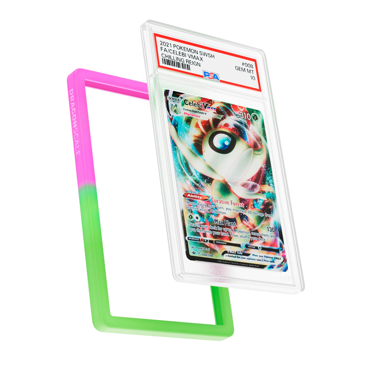 Display and demo view of a PSA slab in Gradient Aurora Dragonscale bumper guard, featuring a Celebi VMAX Chilling Reign PSA 10 Pokemon card.
