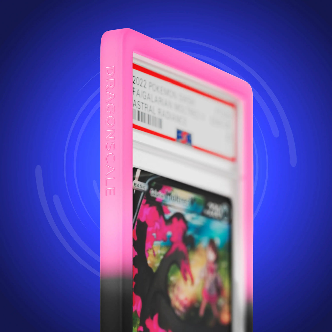 Close up logo zoom view of a PSA slab in Gradient Blackrose Dragonscale bumper guard, featuring a Galarian Moltres V Astral Radiance PSA 10 Pokemon card.