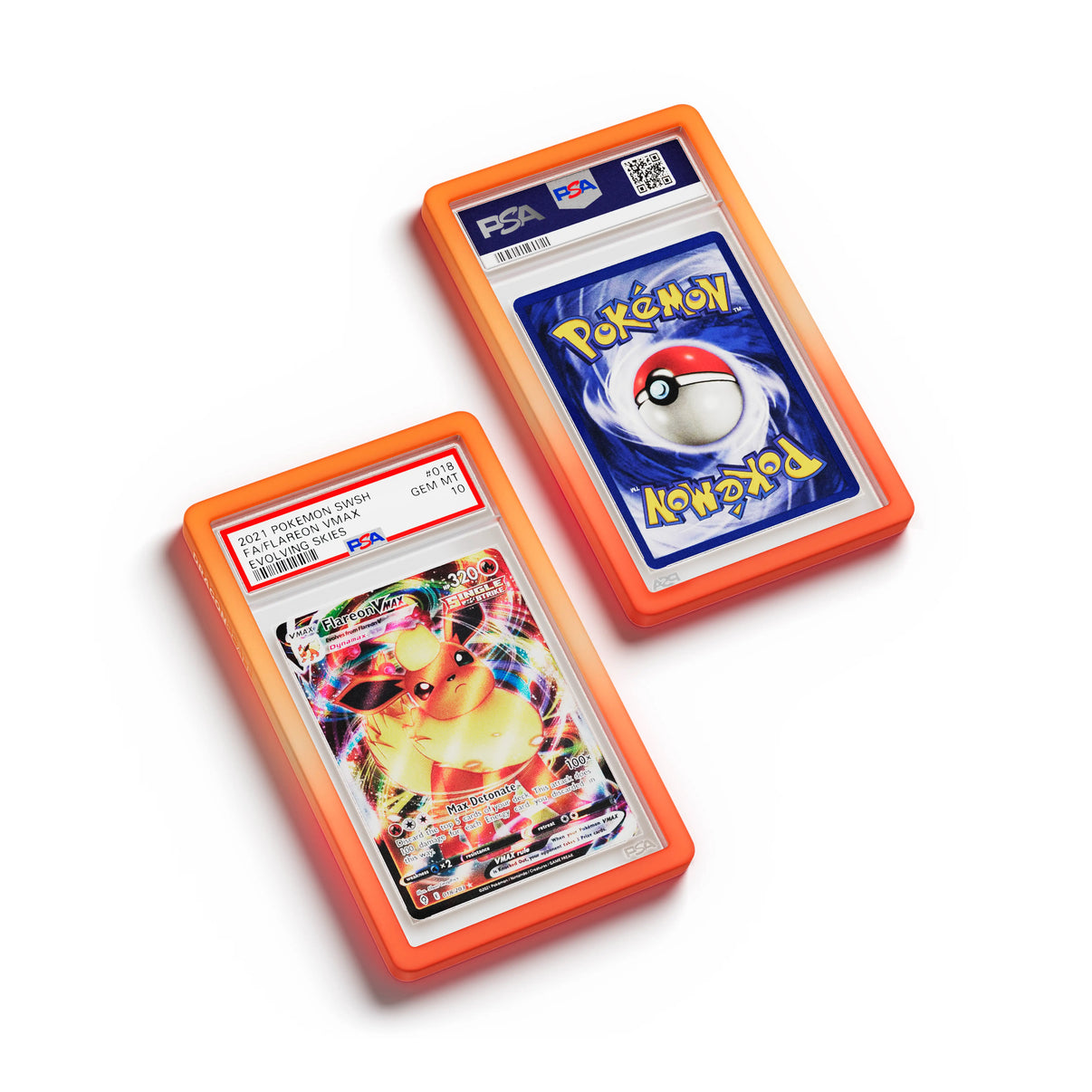 Top-down flat view of a PSA slab in Gradient Blaze Dragonscale bumper guard, featuring a Flareon VMAX Evolving Skies PSA 10 Pokemon card.