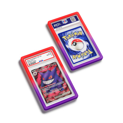 Top-down flat view of a PSA slab in Gradient Chaos Dragonscale bumper guard, featuring a Gengar EX Temporal Forces PSA 10 Pokemon card.