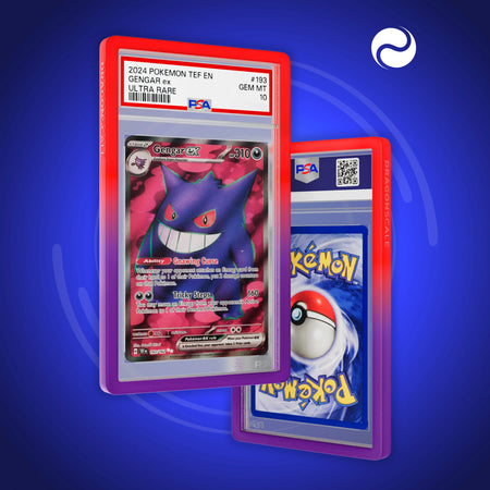 Front and back view of a PSA slab in Gradient Chaos Dragonscale bumper guard,featuring a Gengar EX Temporal Forces PSA 10 Pokemon card.
