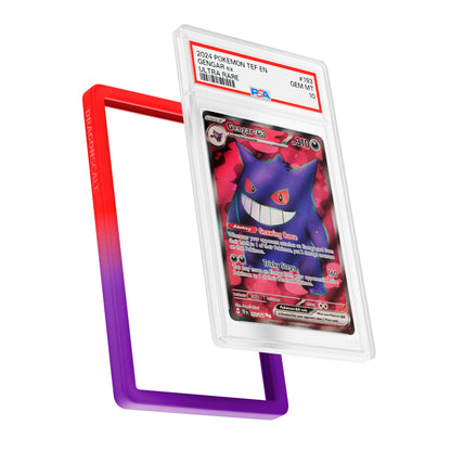 Display and demo view of a PSA slab in Gradient Chaos Dragonscale bumper guard, featuring a  Gengar EX Temporal Forces PSA 10 Pokemon card.
