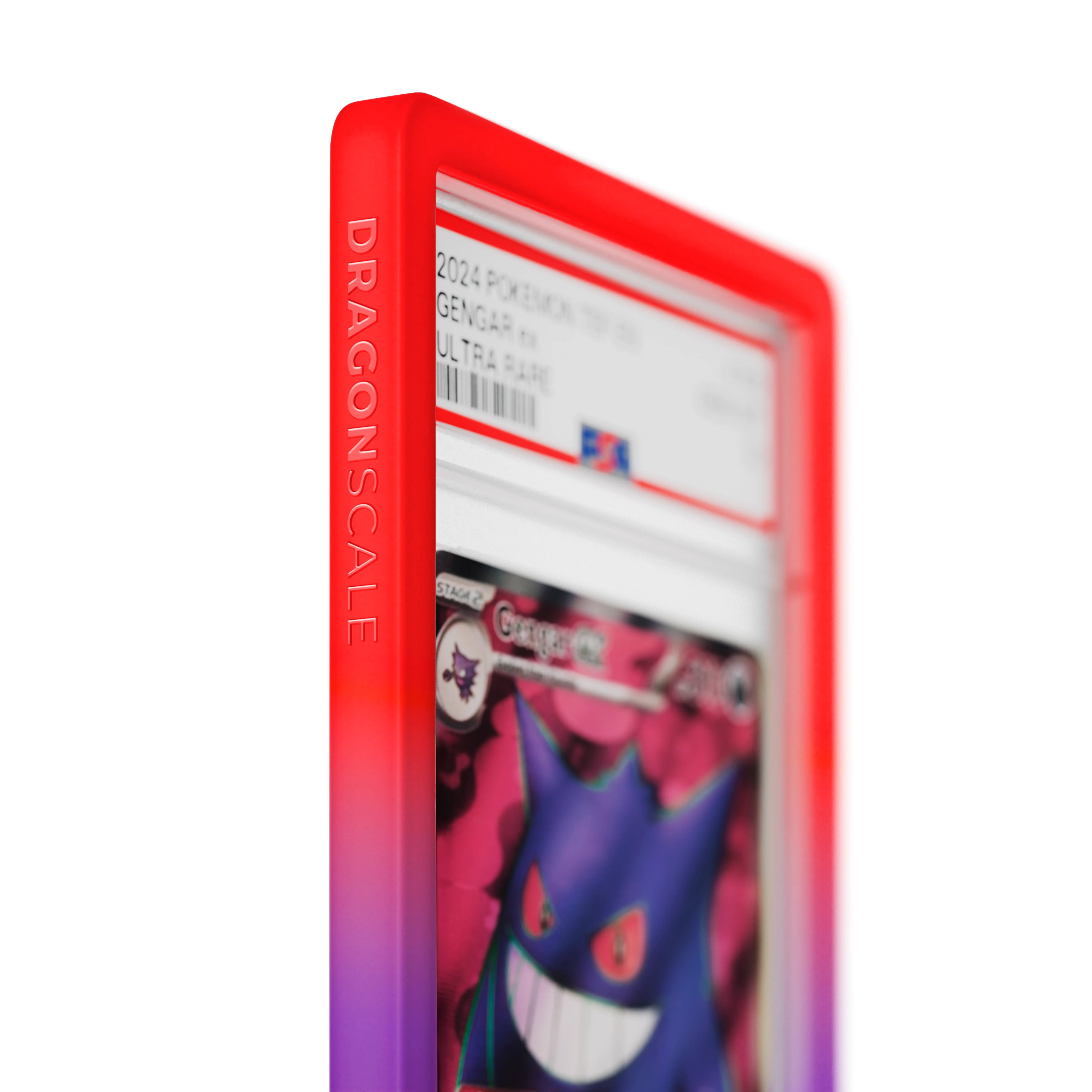 Close up logo zoom view of a PSA slab in Gradient Chaos Dragonscale bumper guard, featuring a Gengar EX Temporal Forces PSA 10 Pokemon card.