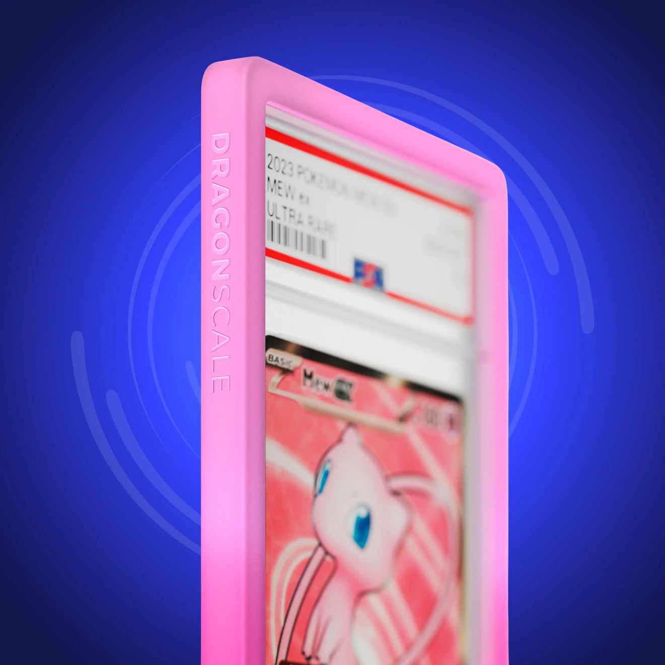 Close up logo zoom view of a PSA slab in Gradient Charm Dragonscale bumper guard, featuring a Mew EX Scarlet & Violet 151 PSA 10 Pokemon card.