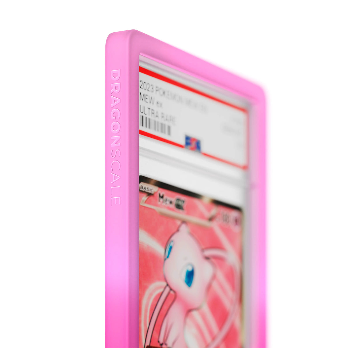 Close up logo zoom view of a PSA slab in Gradient Charm Dragonscale bumper guard, featuring a Mew EX Scarlet & Violet 151 PSA 10 Pokemon card.