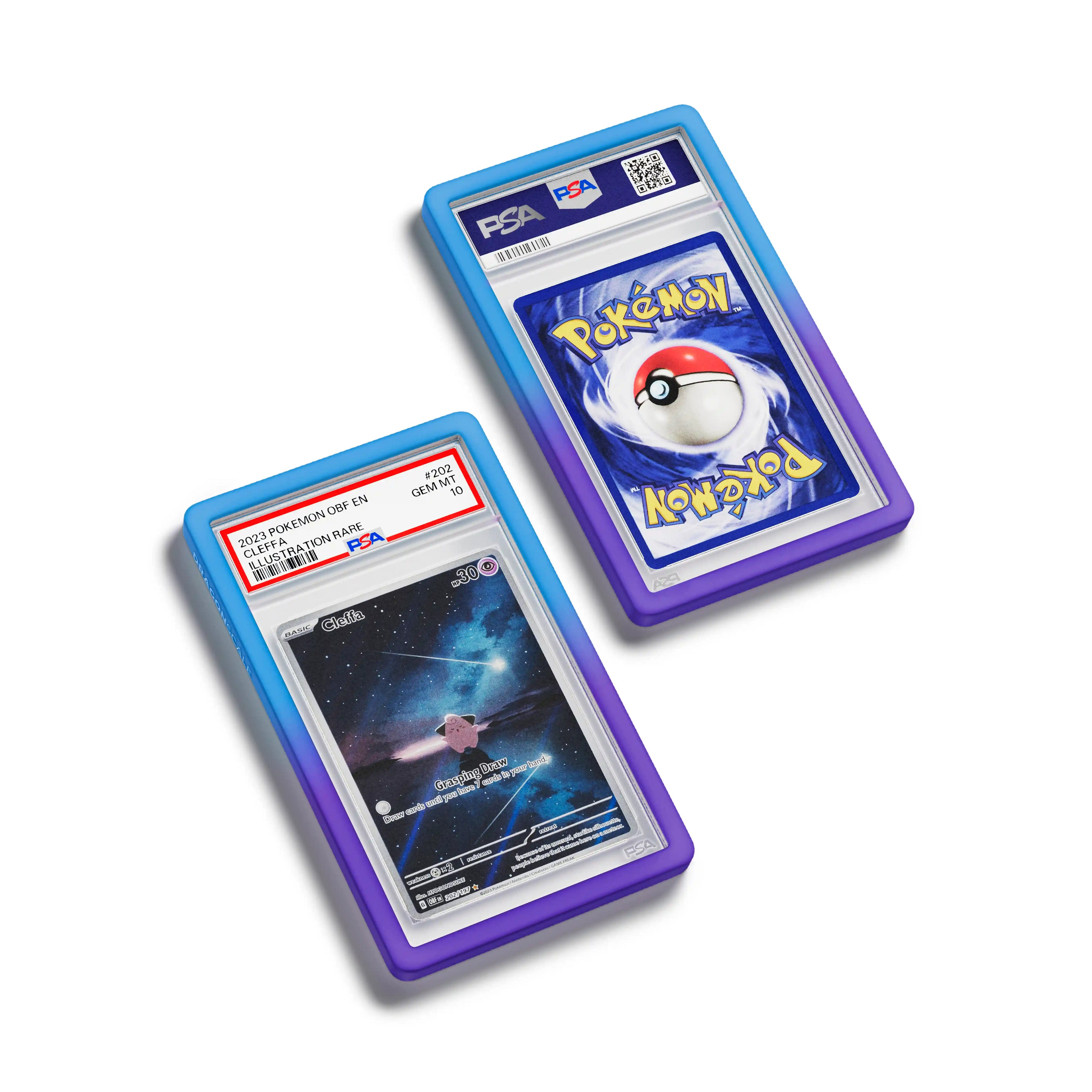 Top-down flat view of a PSA slab in Gradient Dream Dragonscale bumper guard, featuring a Cleffa Obsidian Flame PSA 10 Pokemon card.

