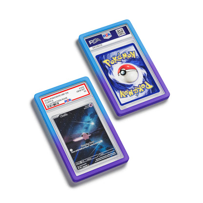 Top-down flat view of a PSA slab in Gradient Dream Dragonscale bumper guard, featuring a Cleffa Obsidian Flame PSA 10 Pokemon card.
