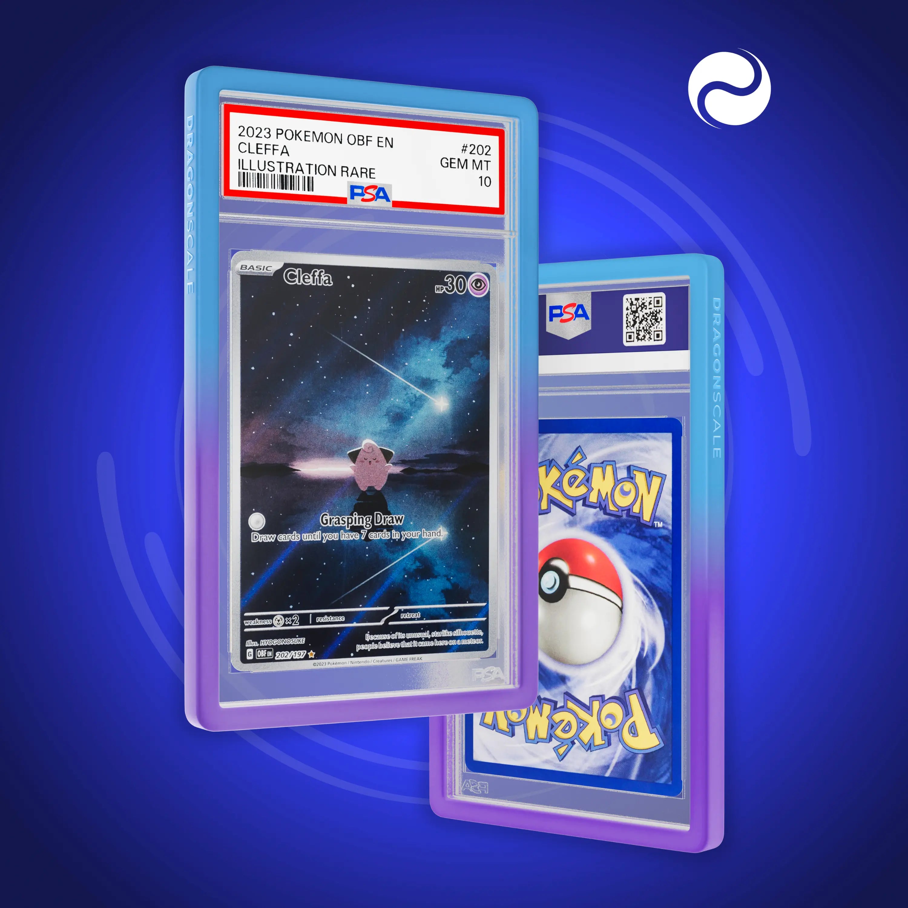 Front and back view of a PSA slab in Gradient Dream Dragonscale bumper guard,featuring a Cleffa Obsidian Flame PSA 10 Pokemon card.
