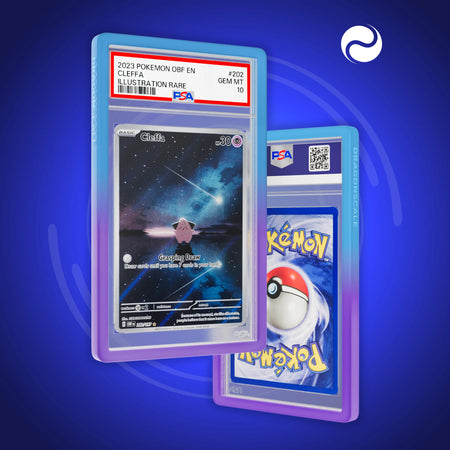Front and back view of a PSA slab in Gradient Dream Dragonscale bumper guard,featuring a Cleffa Obsidian Flame PSA 10 Pokemon card.
