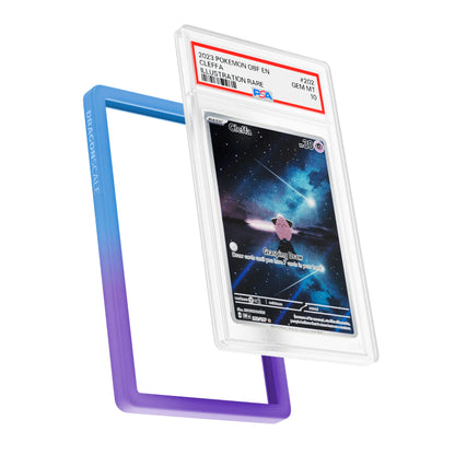 Display and demo view of a PSA slab in Gradient Dream Dragonscale bumper guard, featuring a Cleffa Obsidian Flame PSA 10 Pokemon card.
