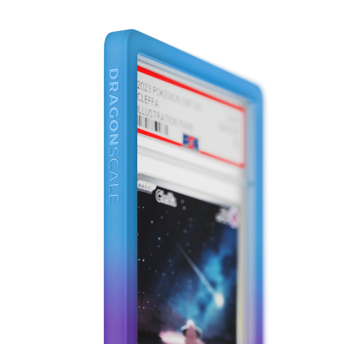 Close up logo zoom view of a PSA slab in Gradient Dream Dragonscale bumper guard, featuring a Cleffa Obsidian Flame PSA 10 Pokemon card.

