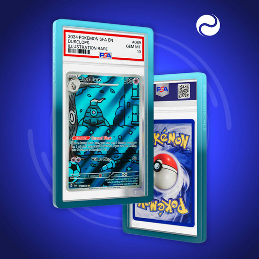 Front and back view of a PSA slab in Gradient Ethereal Dragonscale bumper guard, featuring a Dusclops Shrouded Fable PSA 10 Pokemon card.