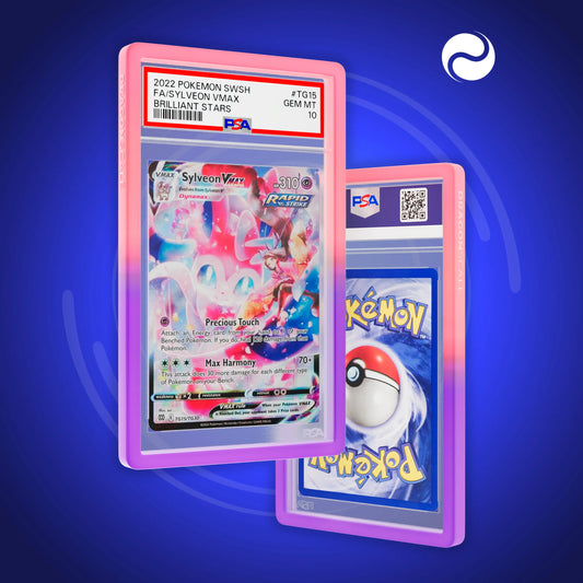 Front and back view of a PSA slab in Gradient Fairy Dragonscale bumper guard, featuring a Sylveon VMAX Brilliant Stars PSA 10 Pokemon card.