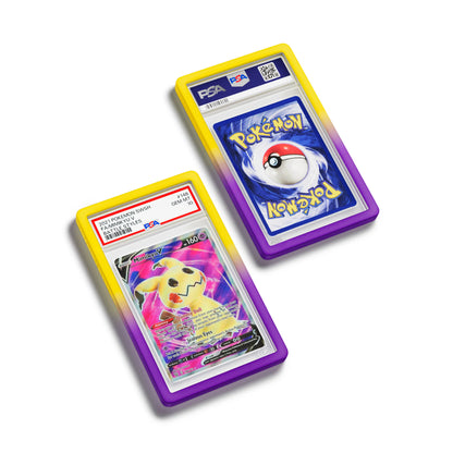 Top-down flat view of a PSA slab in Gradient Flux Dragonscale bumper guard, featuring a Mimikyu V Battle Styles PSA 10 Pokemon card.