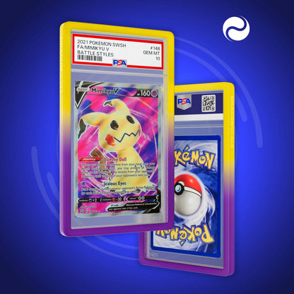 Front and back view of a PSA slab in Gradient Flux Dragonscale bumper guard,featuring a Mimikyu V Battle Styles PSA 10 Pokemon card.