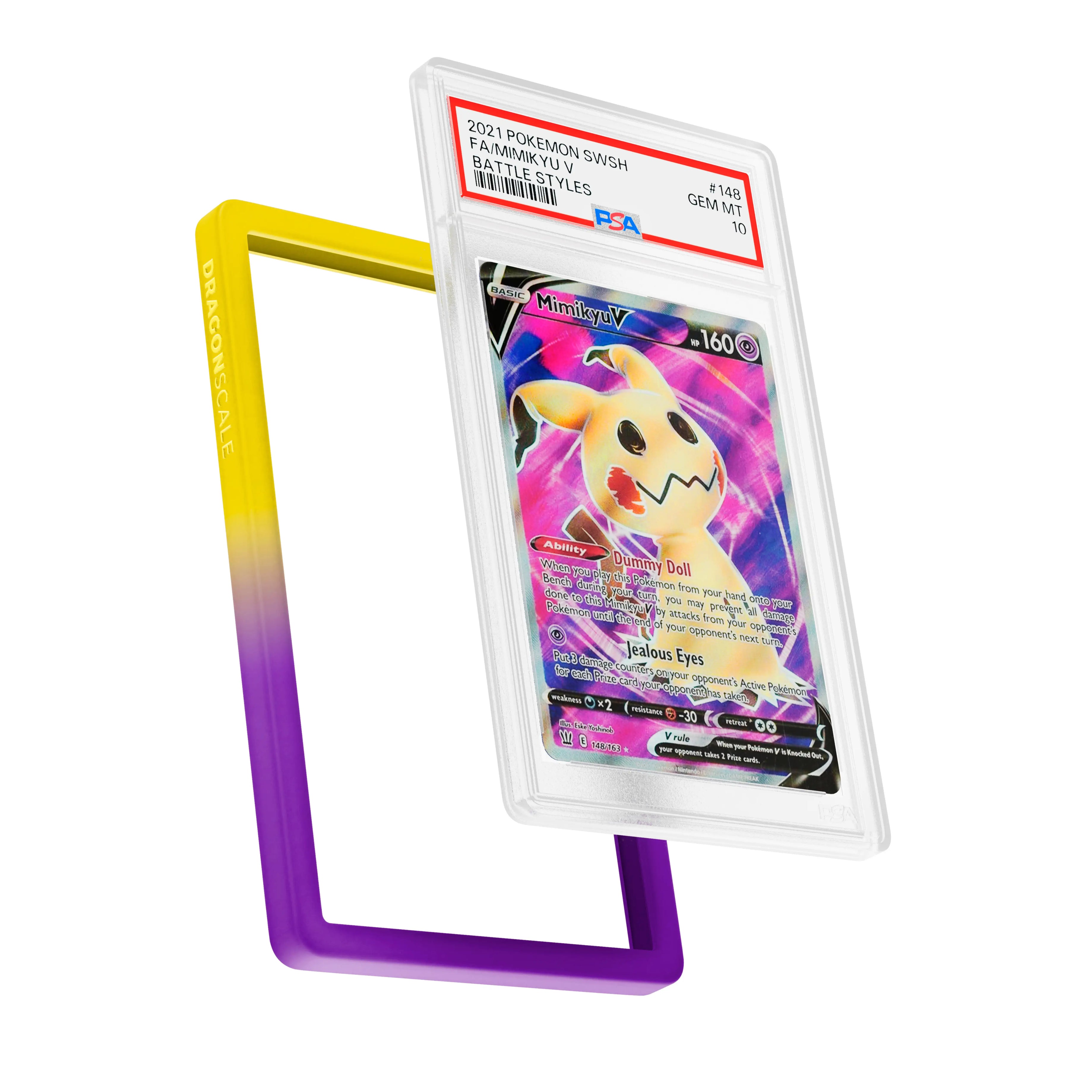 Display and demo view of a PSA slab in Gradient Flux Dragonscale bumper guard, featuring a Mimikyu V Battle Styles PSA 10 Pokemon card.